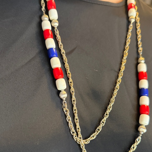 Silver chain Beaded Necklace with Red, Blue, and White Accents. Approx 27” long - Picture 3 of 4